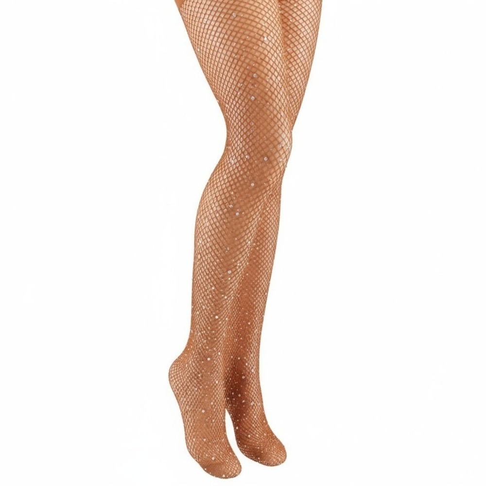 New Iridescent Rhinestone‎ Fishnet Tights Sparkle Crystal Pantyhose Tan Brown - Picture 3 of 4